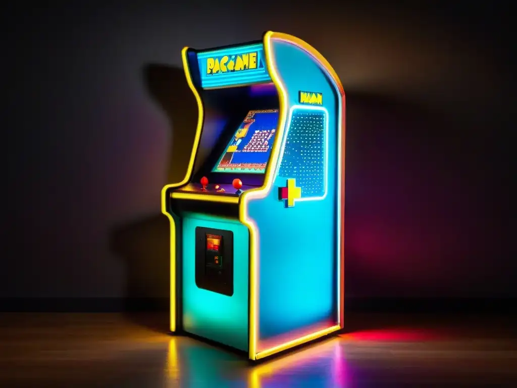 Una máquina arcade antigua con diseño vintage, rodeada de gabinetes retro y letreros de neón