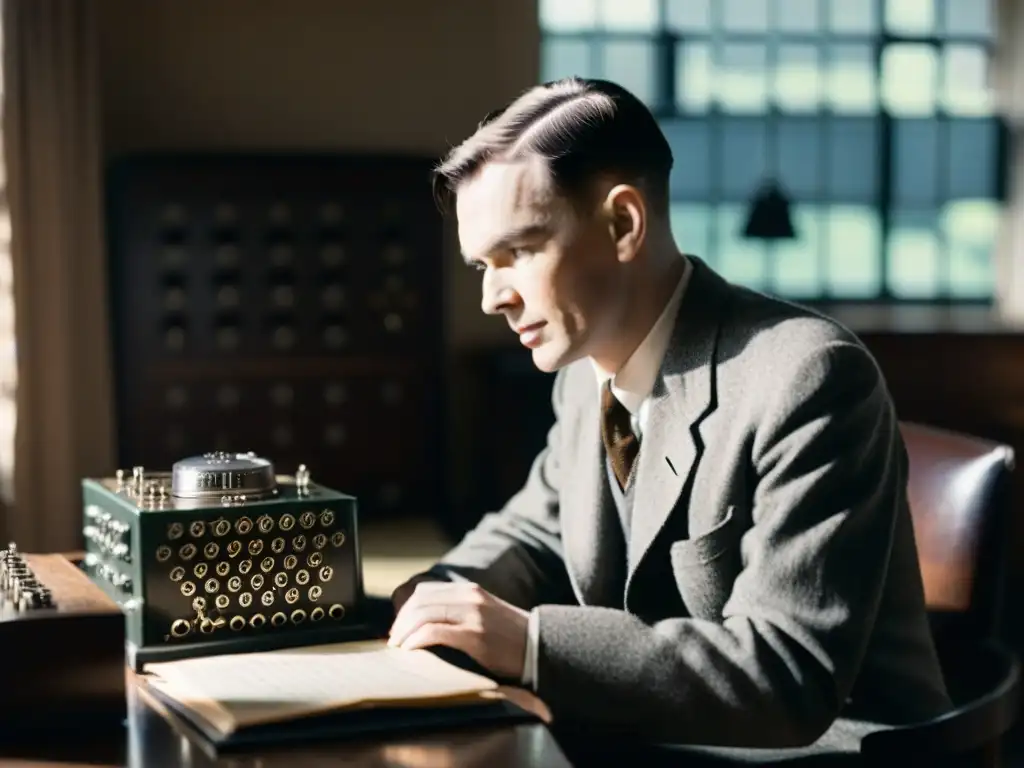 Alan Turing trabajando en la máquina Enigma en Bletchley Park durante la evolución de la criptografía en computación