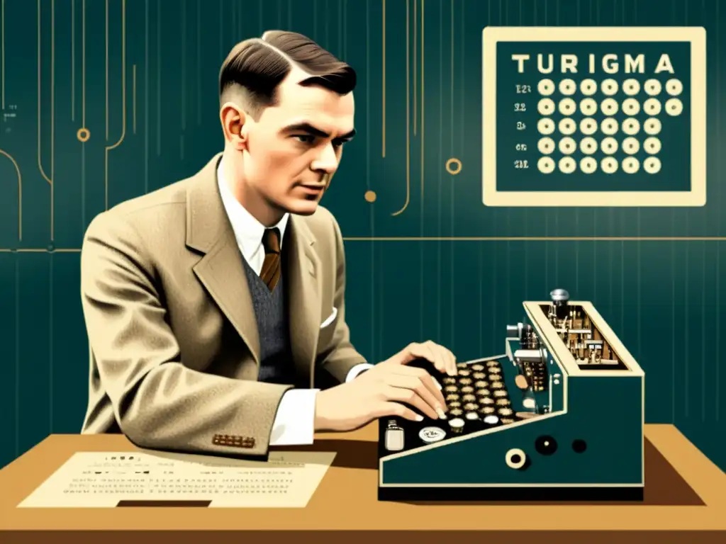 Alan Turing trabajando en la máquina Enigma, rodeado de ecuaciones matemáticas y componentes de computadora, con un aspecto envejecido y sepia