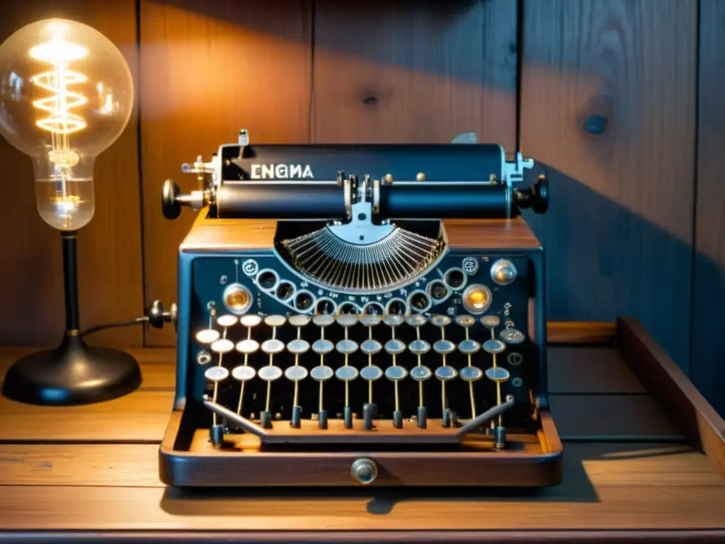 Una máquina Enigma vintage descansa sobre un escritorio de madera envejecida, iluminada por una lámpara de escritorio