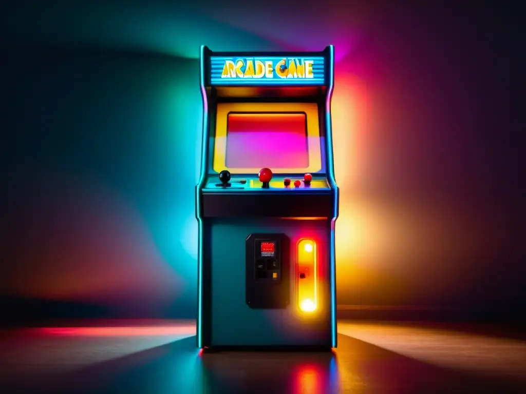 Una máquina arcade retro en una habitación tenue, rodeada de luces de colores