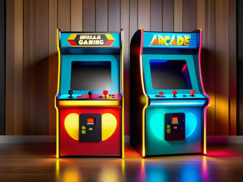 Una máquina arcade vintage con botones coloridos y una pantalla brillante, rodeada de jugadores emocionados y luces parpadeantes, capturando la esencia de la interactividad en el juego