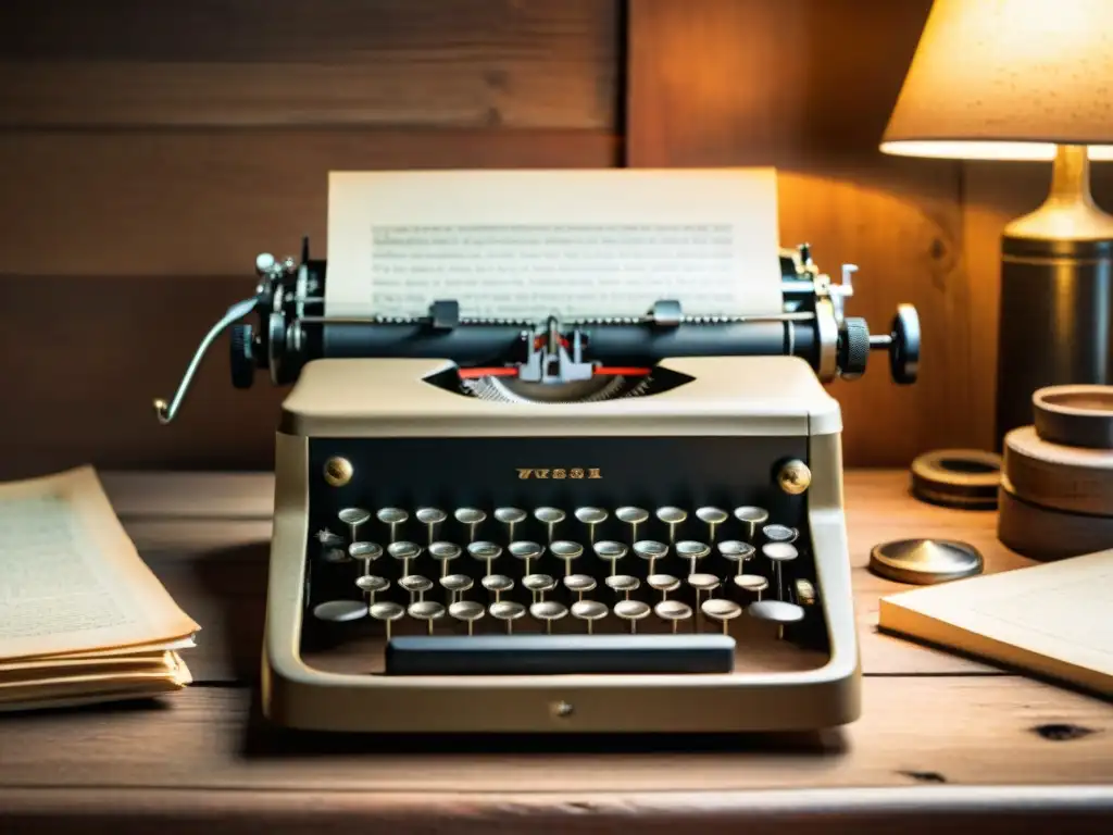 Una máquina de escribir vintage en un escritorio de madera antiguo, rodeada de papel envejecido, iluminada por una suave luz natural