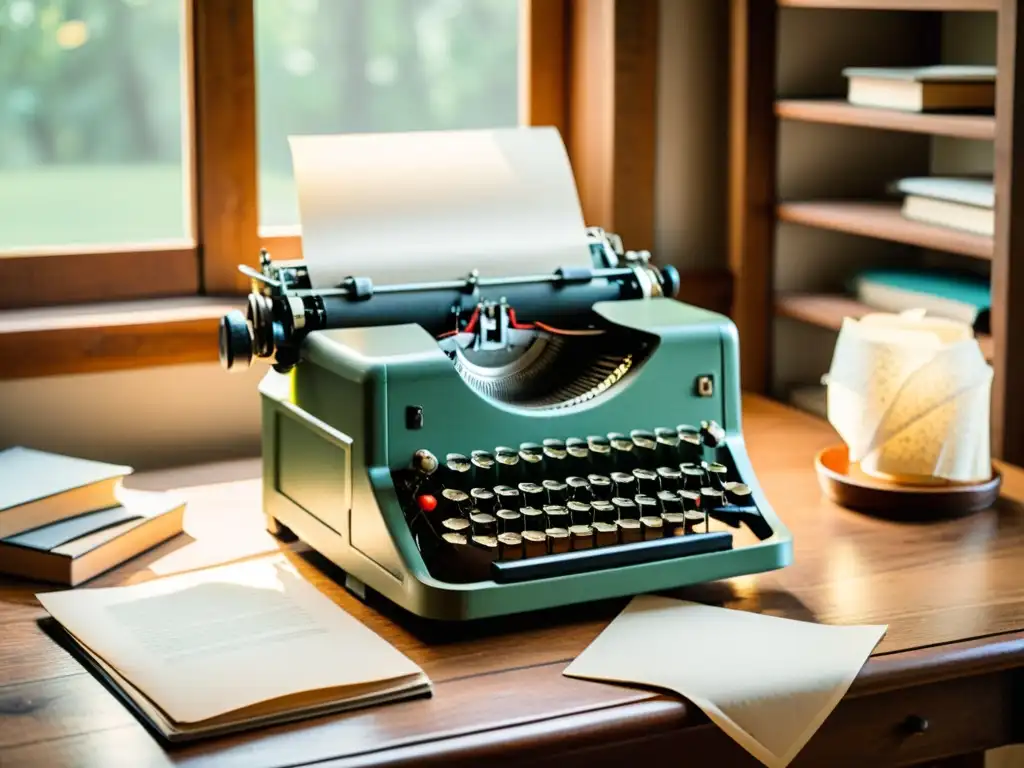 Una máquina de escribir vintage sobre un escritorio de madera, rodeada de papel arrugado, cintas de tinta y libros antiguos