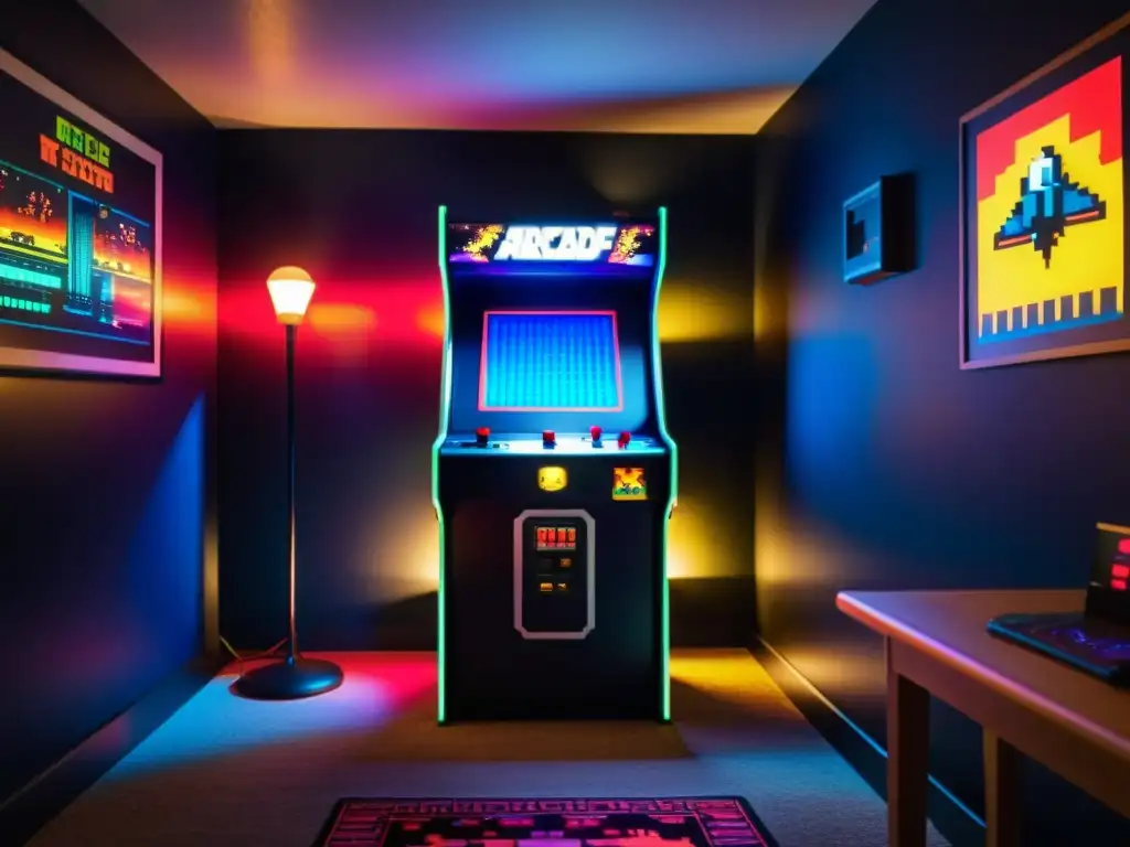 Una máquina arcade vintage iluminada, evocando la historia y evolución de la música y efectos sonoros en los videojuegos