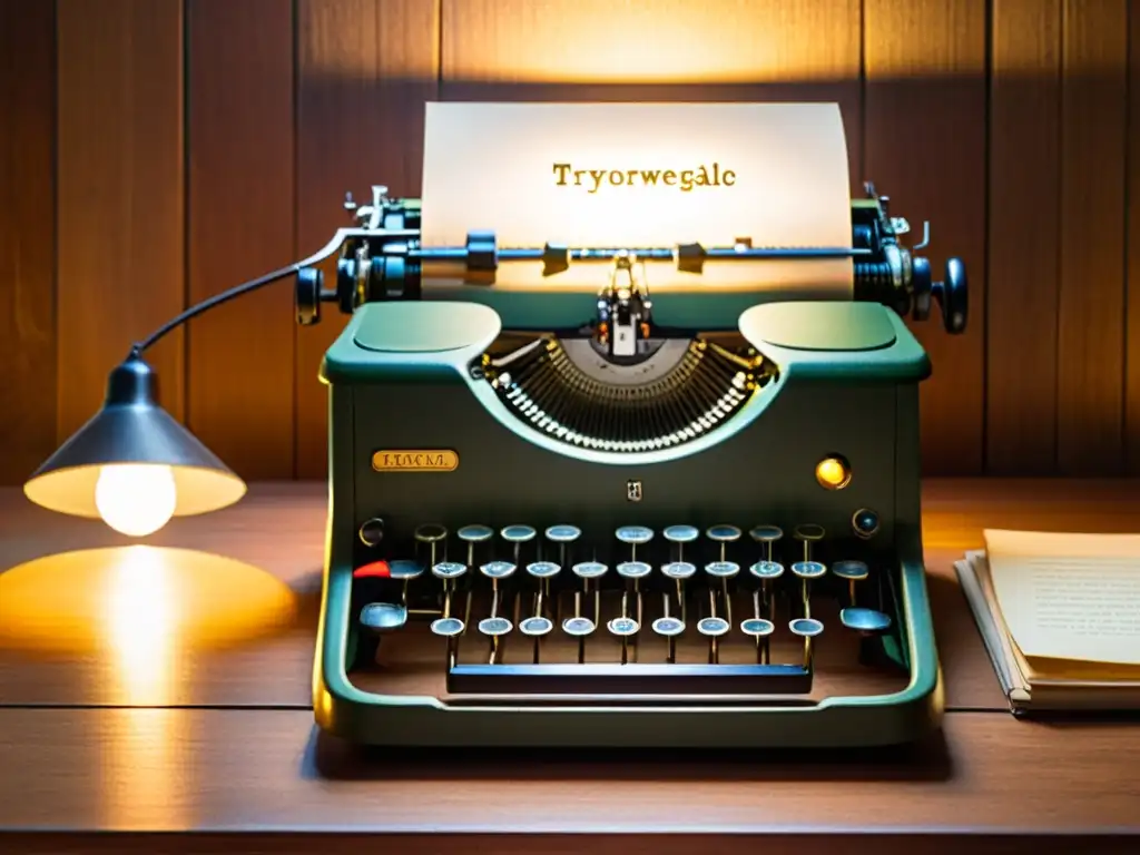 Una máquina de escribir vintage, iluminada por una lámpara cálida, evoca nostalgia y la transformación literaria de la era digital