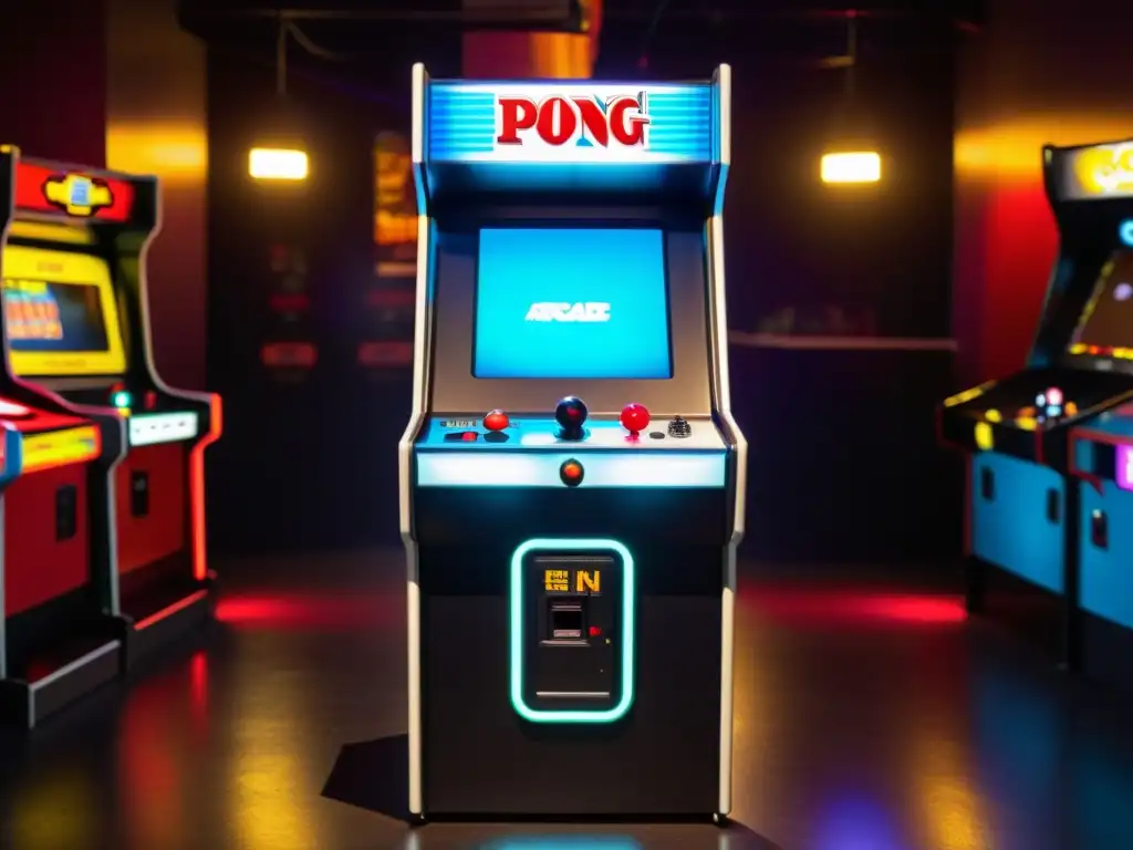 Una máquina arcade vintage con el juego Pong en pantalla, en un animado y nostálgico arcade iluminado con luces de neón