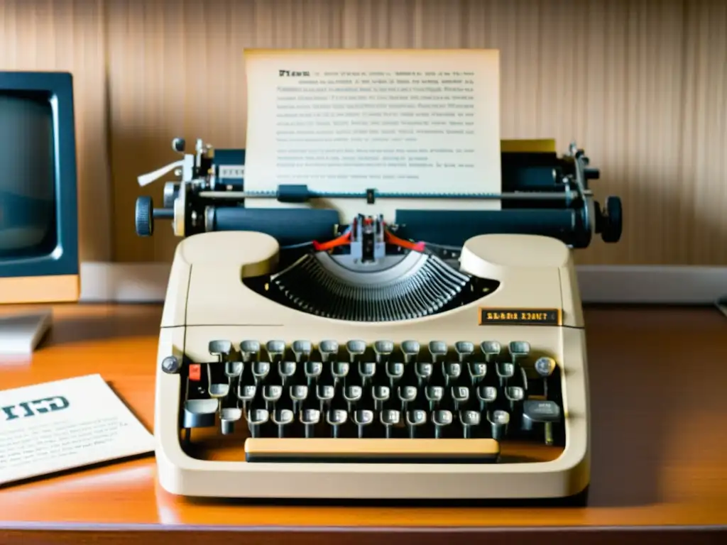 Una máquina de escribir vintage junto a un monitor de computadora mostrando una imagen pixelada de un libro