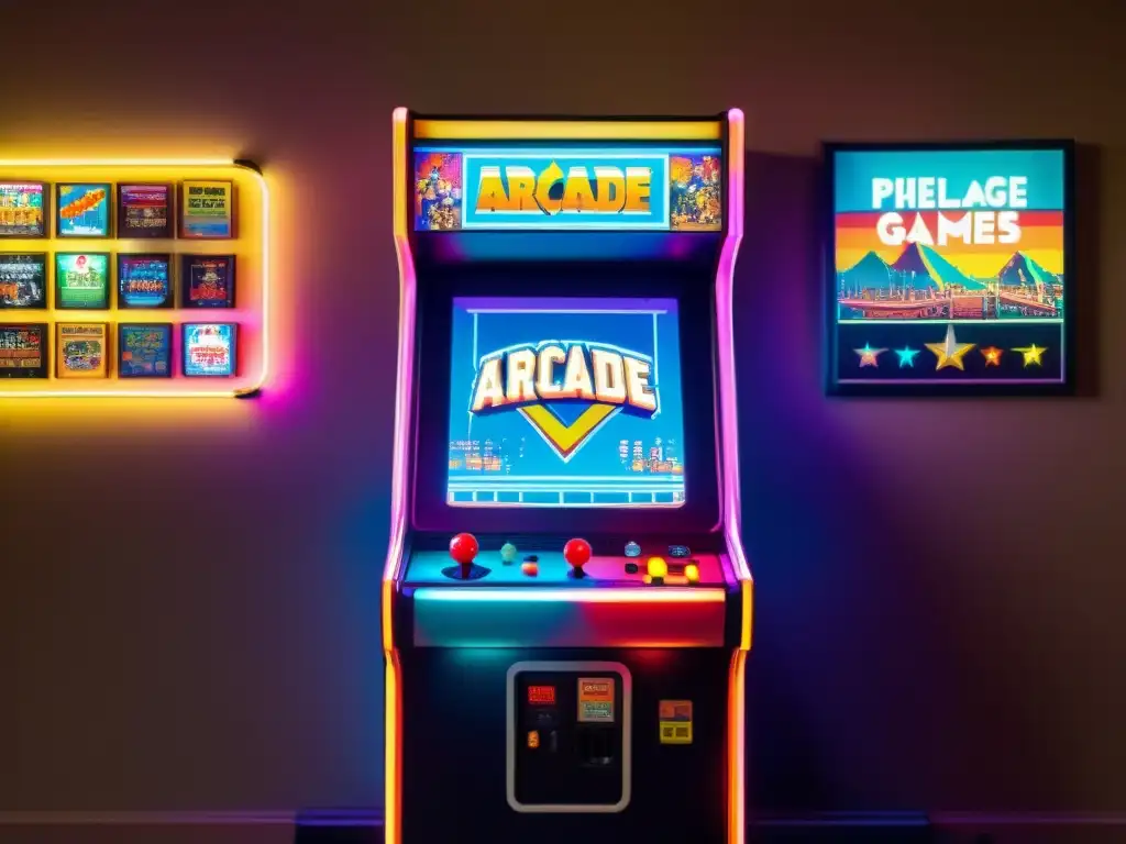 Una máquina arcade vintage con luces de neón y pósters retro, evoca la emoción y la evolución de la psicología de videojuegos