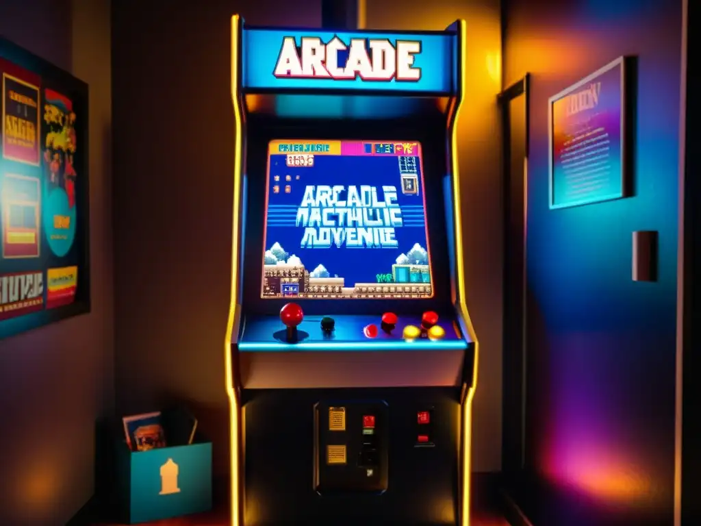 Una máquina arcade vintage rodeada de memorabilia de los años 80 y 90, evocando la evolución de contar historias en la computación