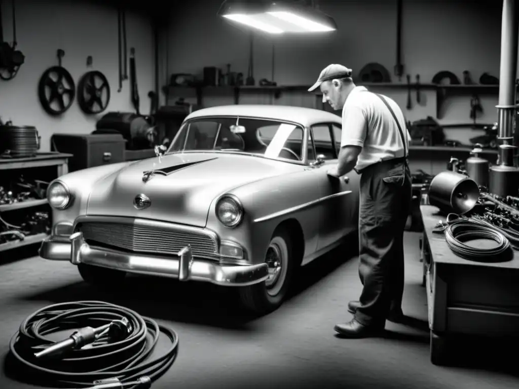 Un mecánico inspecciona cables en un taller vintage