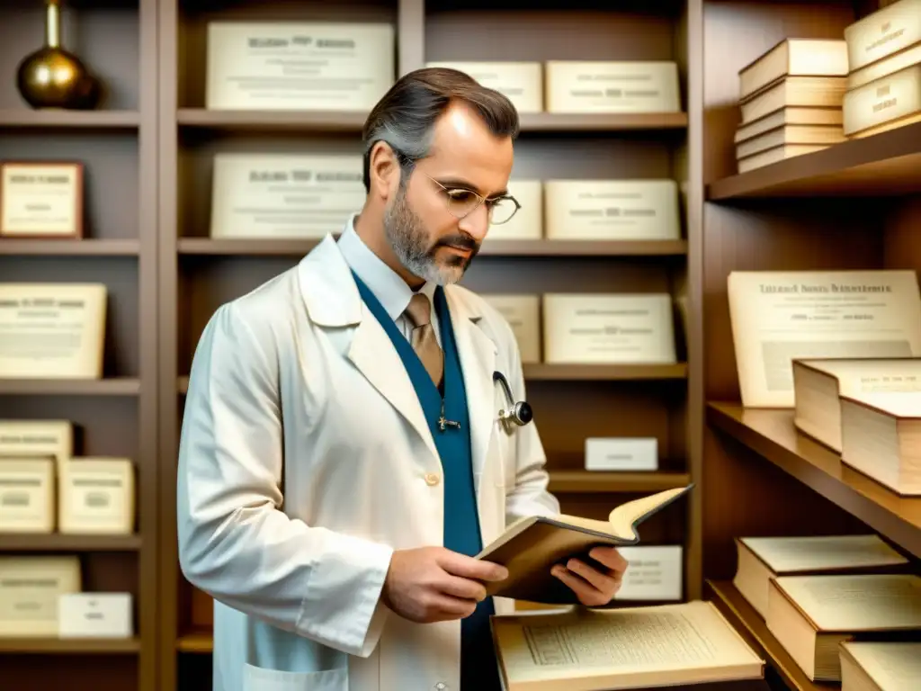 Un médico analiza detenidamente el historial médico de un paciente en una ilustración vintage detallada