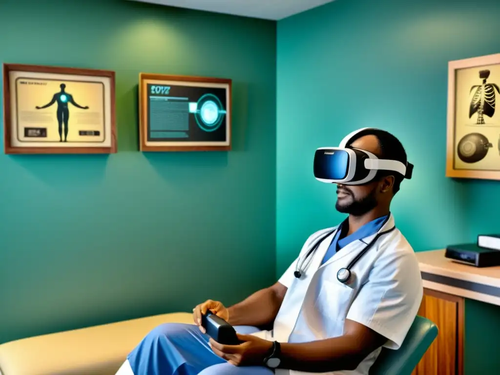 Un médico guía a un paciente en terapia de rehabilitación usando realidad virtual en un centro moderno con elementos vintage