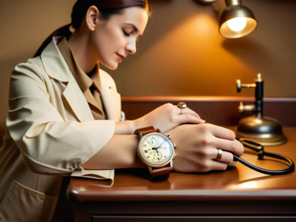 Un médico con reloj clásico y estetoscopio revisa a paciente en consultorio vintage