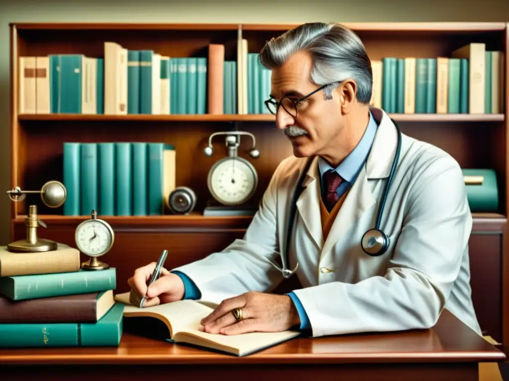 Un médico vintage escucha el latido de un paciente entre dispositivos médicos antiguos y libros, transmitiendo privacidad y monitoreo de salud