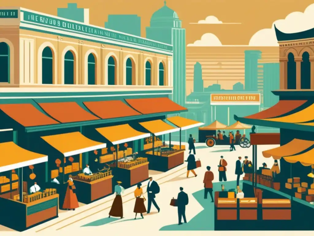 Ilustración vintage de mercado bullicioso, comerciantes y clientes realizando transacciones, mostrando la revolución de la tecnología blockchain en transacciones digitales