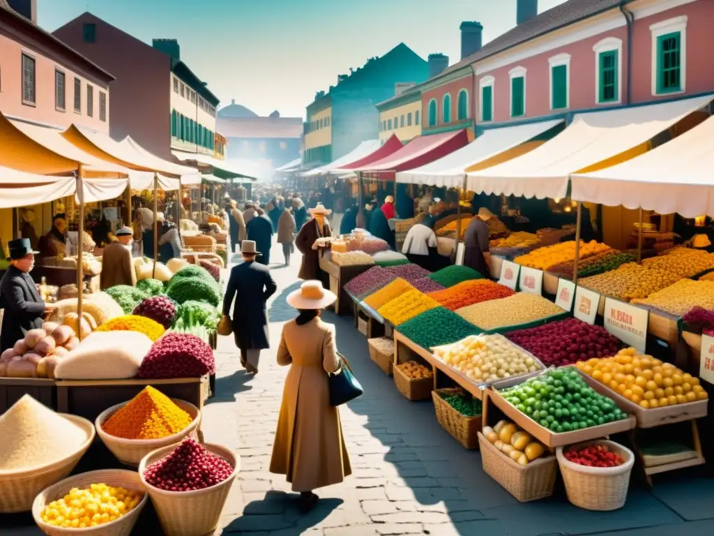 Mercado bullicioso del siglo XX con vendedores y clientes en una escena llena de historia y tradición