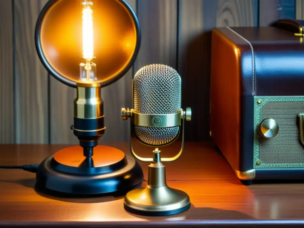 Un micrófono vintage y unos auriculares antiguos descansan sobre un escritorio de madera