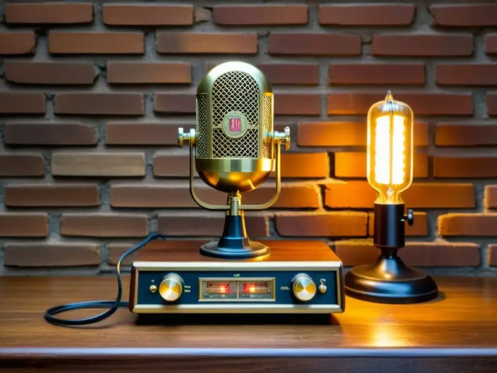 Un micrófono vintage conectado a un receptor de radio, evocando la nostalgia de los primeros broadcasts, iluminado por una lámpara de Edison