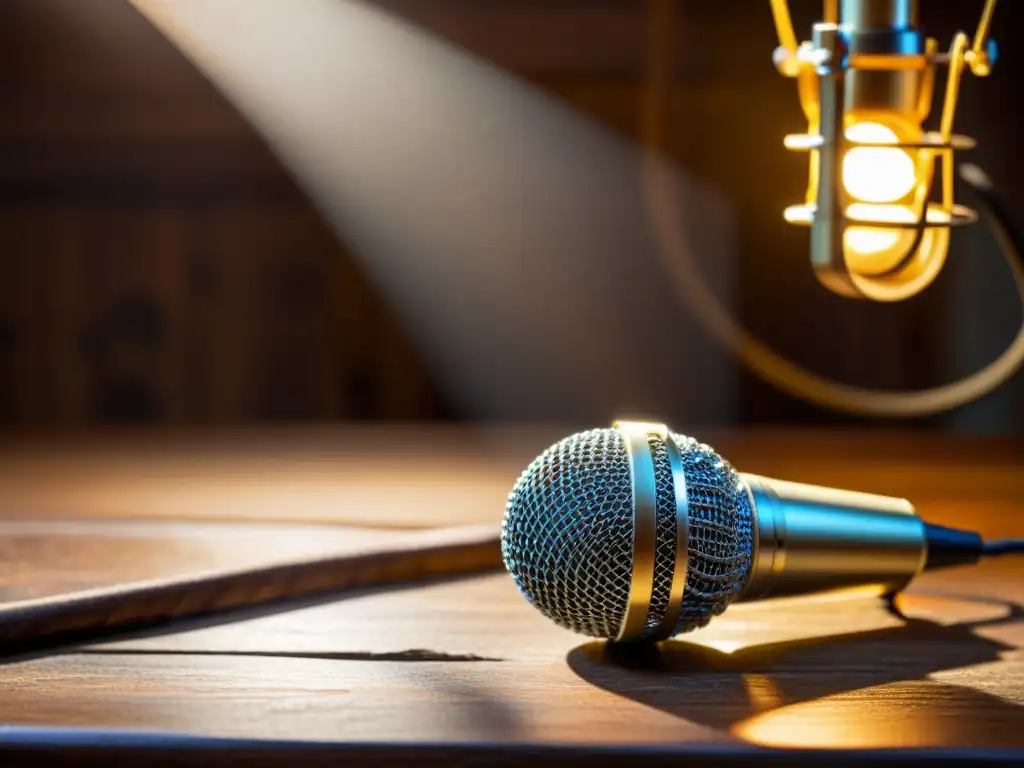 Un micrófono vintage con detalles de latón reposa sobre una mesa de madera envejecida, iluminado por un cálido foco