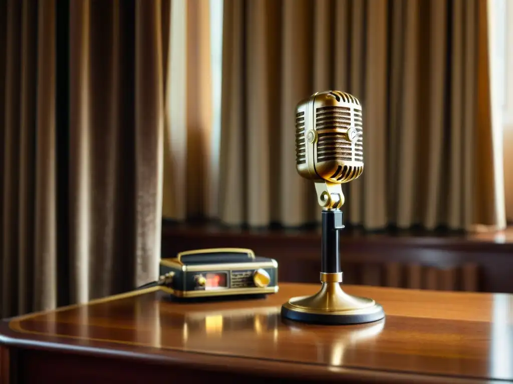 Un micrófono vintage descansa en un elegante escritorio de madera, conectado a una grabadora de cinta