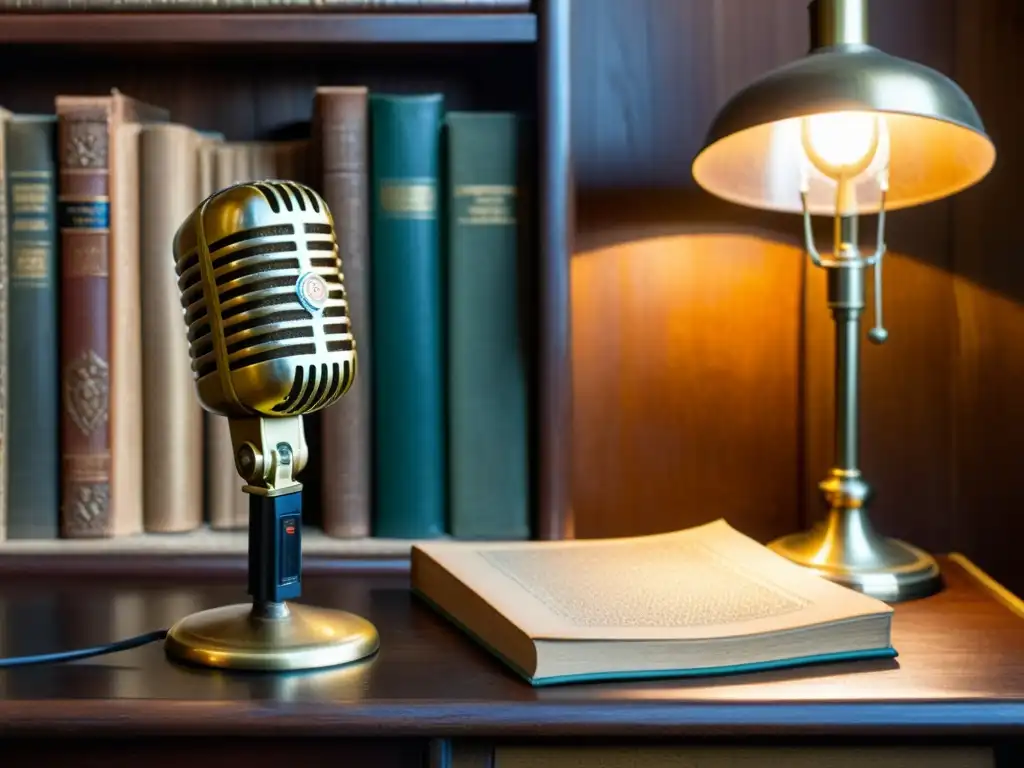 Un micrófono vintage descansa en una mesa de madera rodeado de libros antiguos y una lámpara tenue