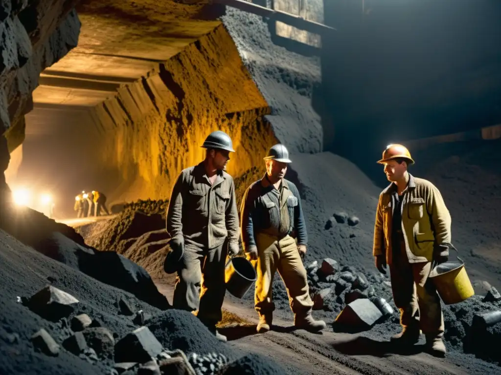 Mineros trabajando en una mina de carbón, con rostros sucios de polvo, iluminados por linternas