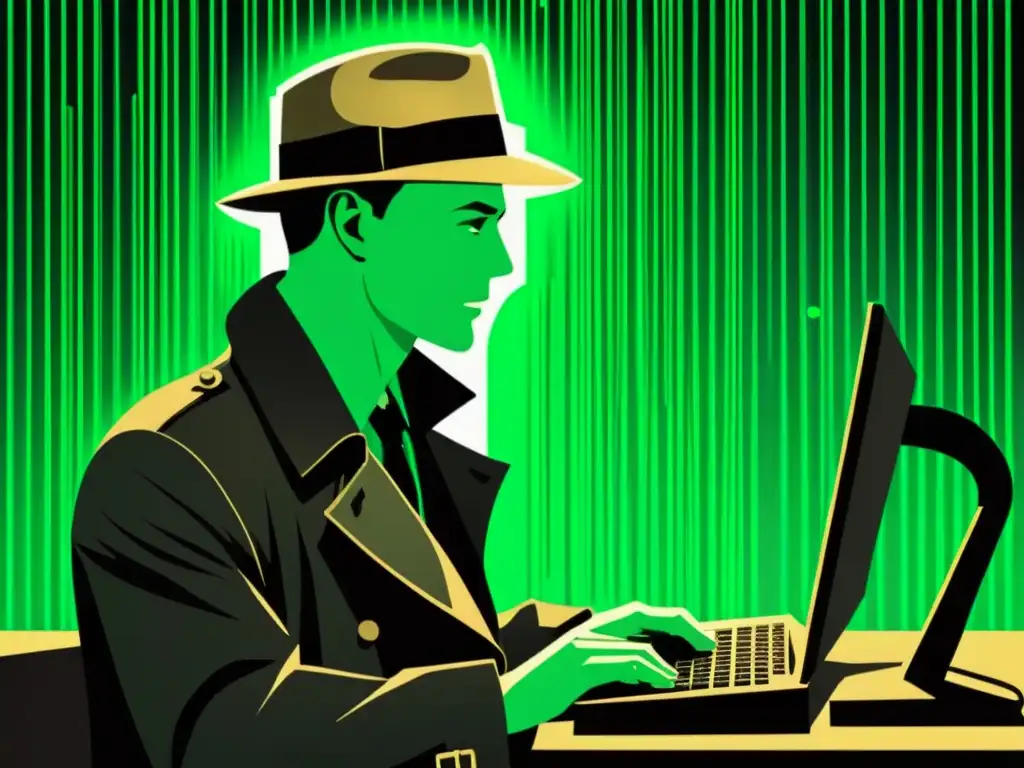 Un misterioso hacker en un sombrero fedora y gabardina, frente a una vieja computadora con código binario