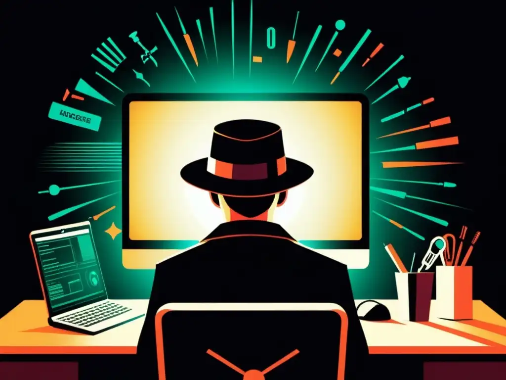 Un misterioso personaje en sombras, realizando tácticas prohibidas de Black Hat SEO en su computadora, rodeado de herramientas siniestras