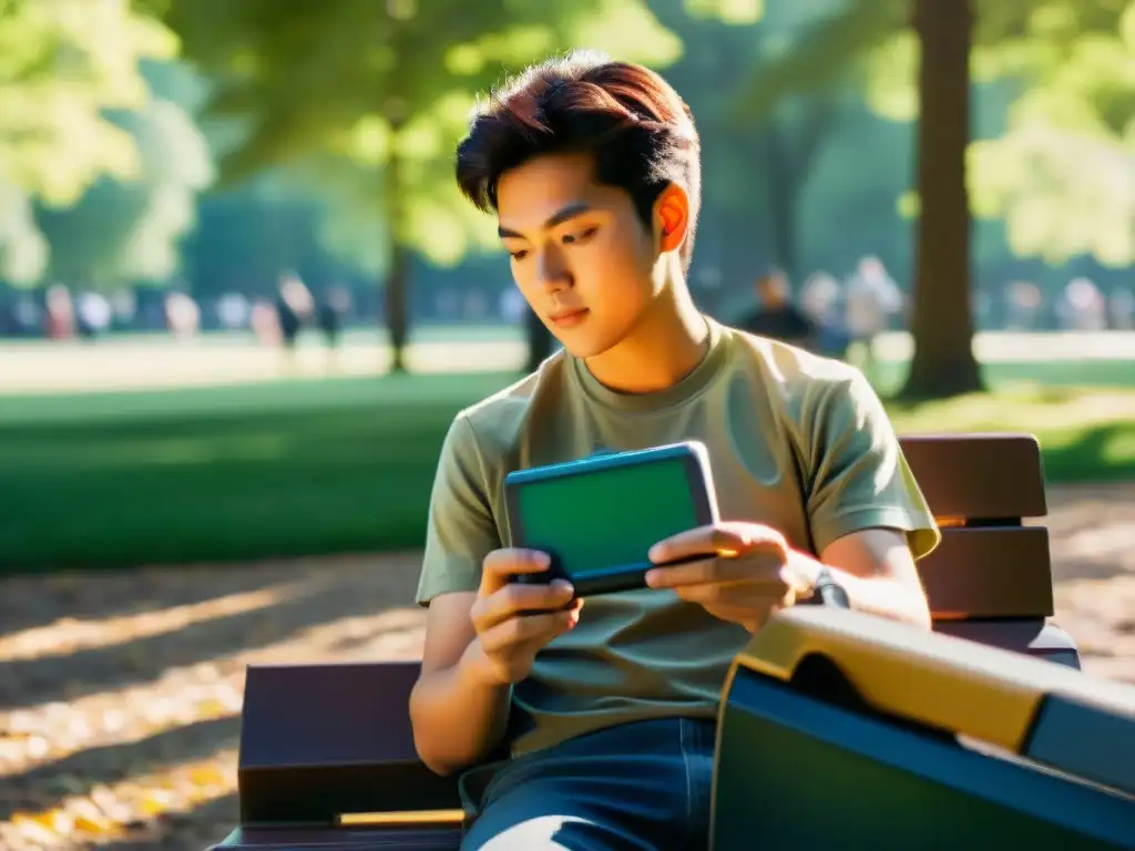 Un momento nostálgico con una persona jugando en un banco del parque con una consola portátil, bajo la luz cálida del sol