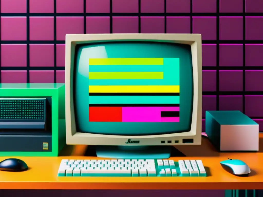 Monitor antiguo muestra una página web pixelada de los 90 con colores vibrantes y GIFs animados