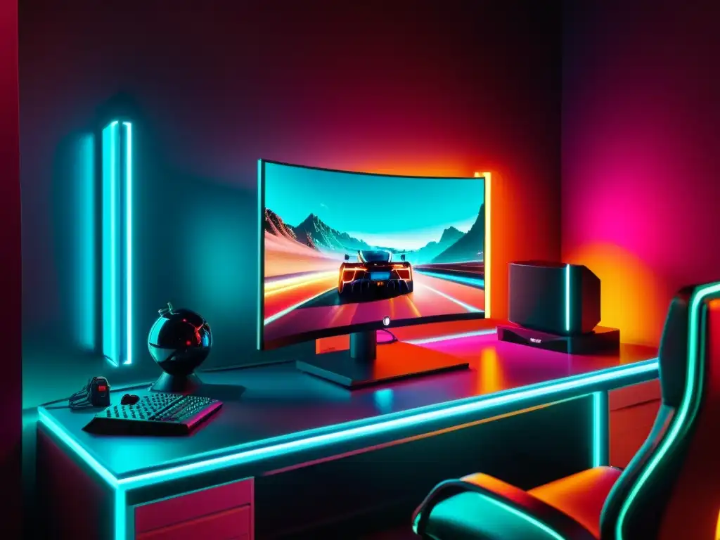 Monitor gaming 8K: inmersión retrofuturista Un monitor de gaming 8K en una atmósfera retrofuturista, ofreciendo una experiencia inmersiva