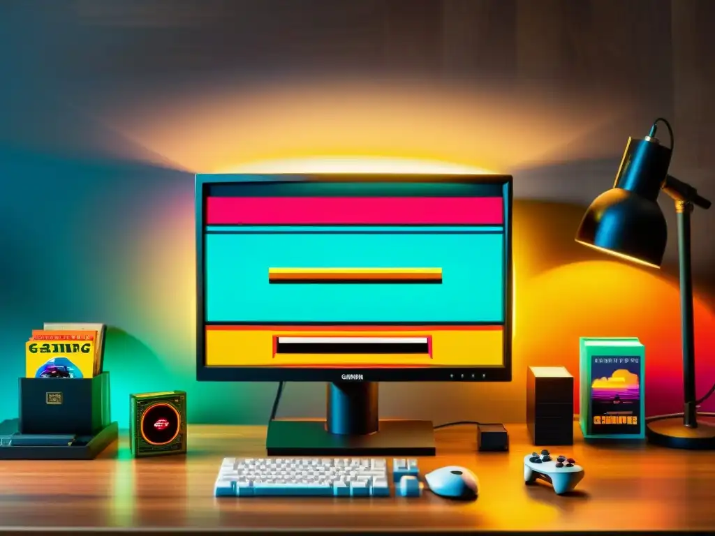 Monitor de juegos 8K retro y futurista Un monitor de gaming 8K con atmósfera vintage, rodeado de memorabilia retro, creando una experiencia de juego nostálgica y vanguardista