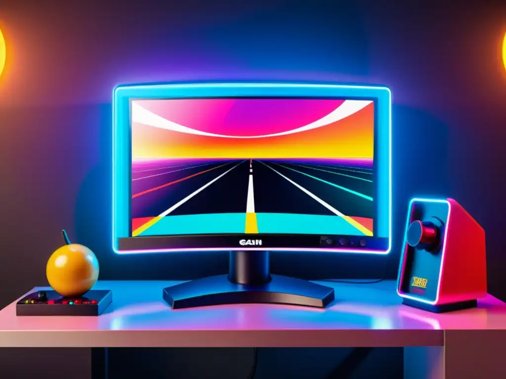 Monitor de 8K y nostalgia gaming Un monitor de gaming 8K de diseño futurista, en contraste con un entorno retro de juegos arcade