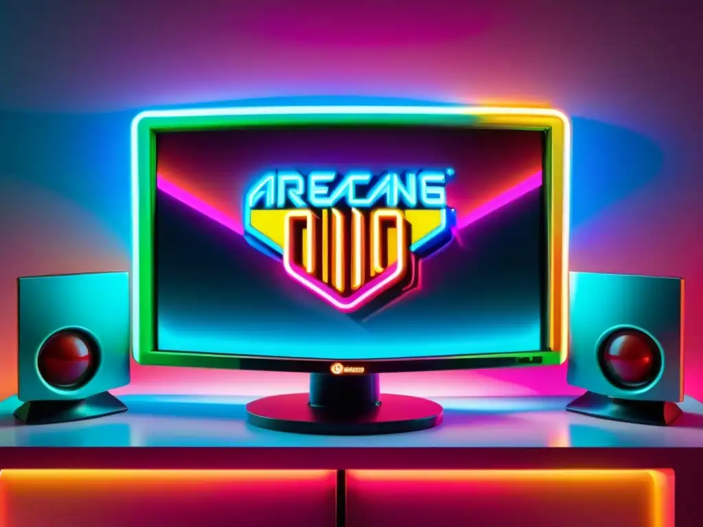 Monitor gaming futurista en arcade vintage Un monitor de gaming futurista en un arcade retro con luces de neón, mostrando una escena de gaming en 8K