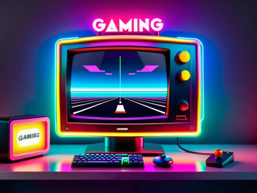 Monitor gaming 8K: nostalgia y tecnología futurista Un monitor de gaming con tecnología 8K en un ambiente retro de juegos, exudando emoción y nostalgia