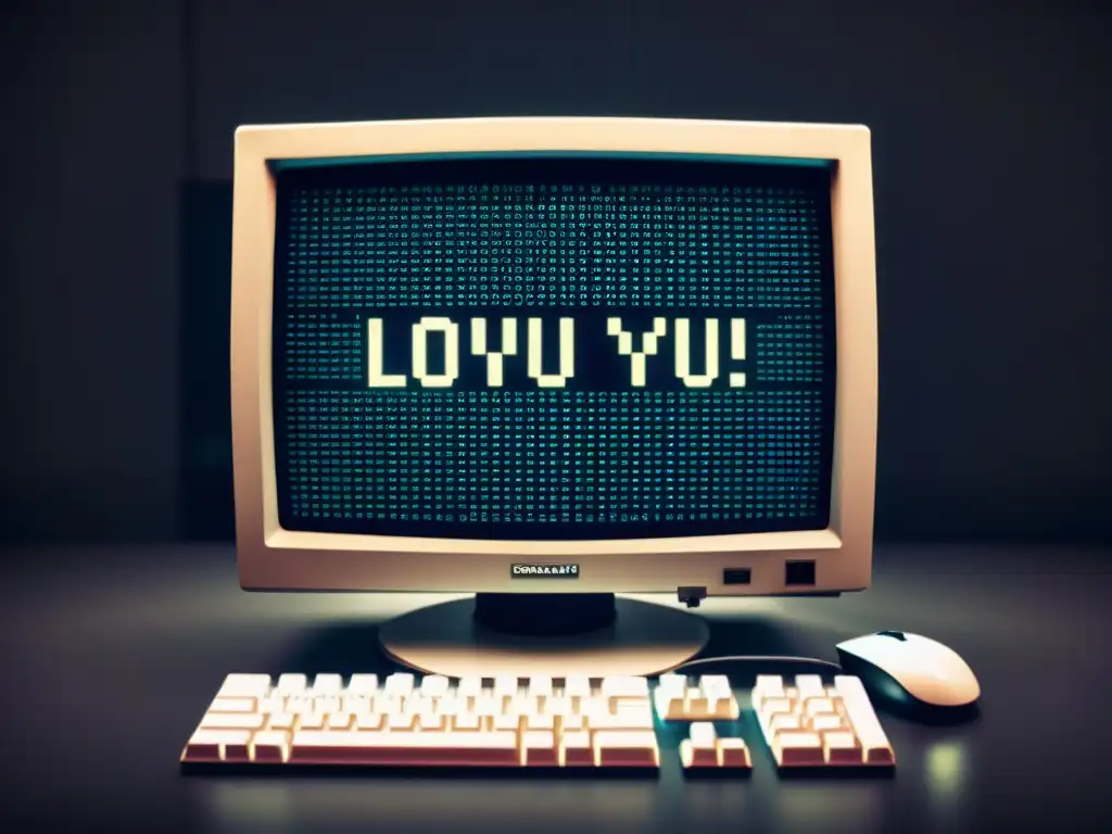 Un monitor vintage muestra el mensaje 'ILOVEYOU' rodeado de caóticas líneas de código y corrupción digital