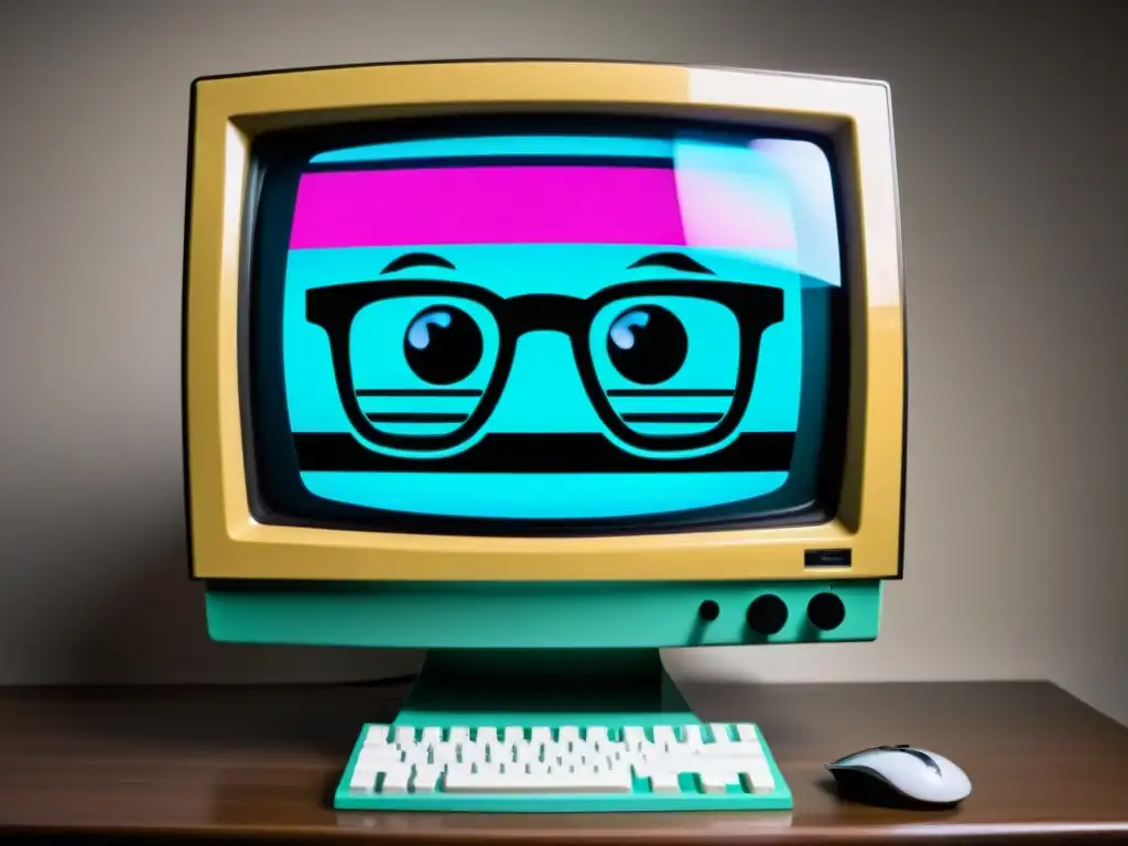 Monitor retro con memes de internet, referencias vintage y gafas redondas, reflejando la cultura viral en Internet