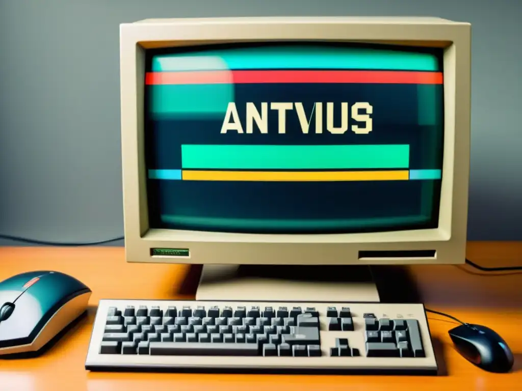 Monitor vintage muestra software antivirus retro de los 90s, evolución del software antivirus ciberseguridad