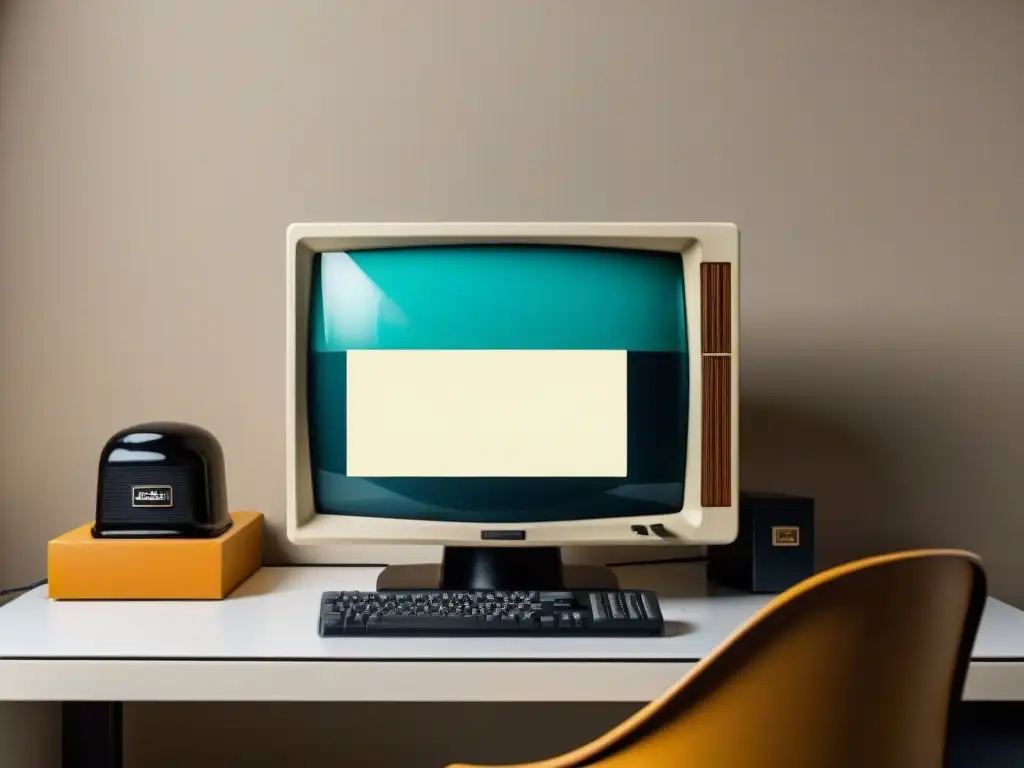 Monitor vintage con interfaz de usuario minimalista y gráficos retro, en una oficina cálida