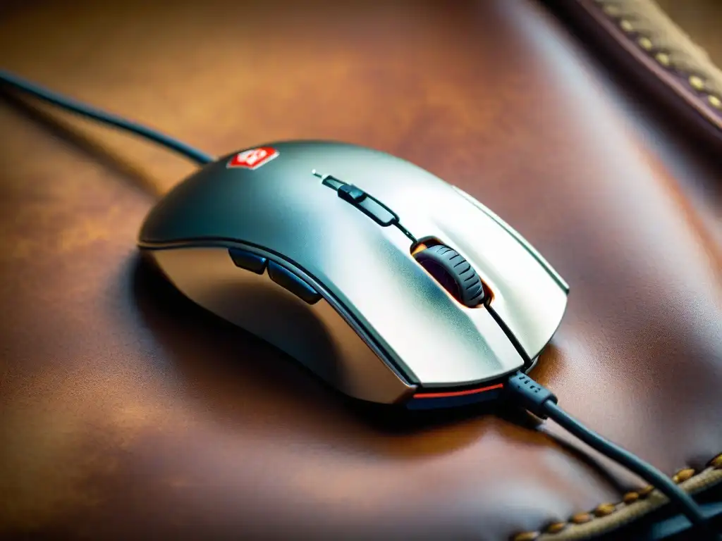 Un mouse para gaming de alta precisión con diseño vintage sobre un fondo de cuero desgastado, evocando nostalgia por la artesanía clásica