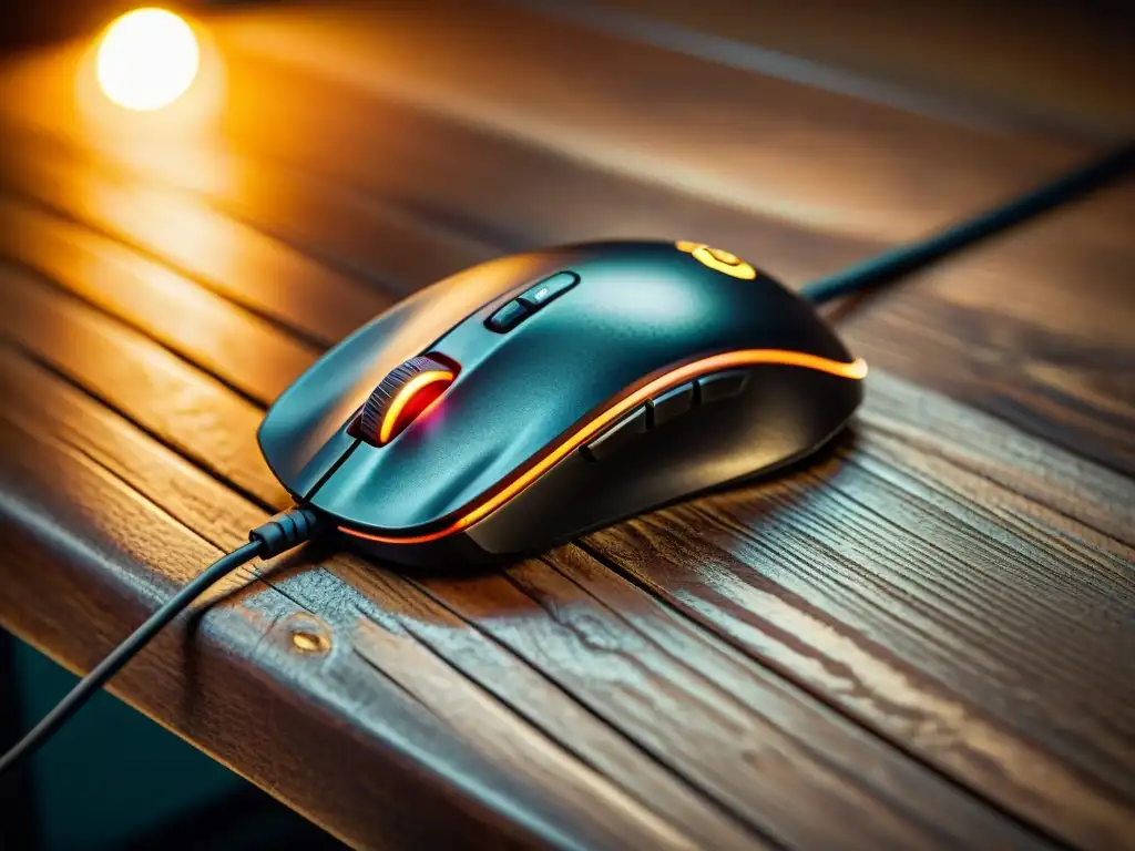 Un mouse para gaming de alta precisión descansa sobre un escritorio de madera desgastado, iluminado por una lámpara vintage