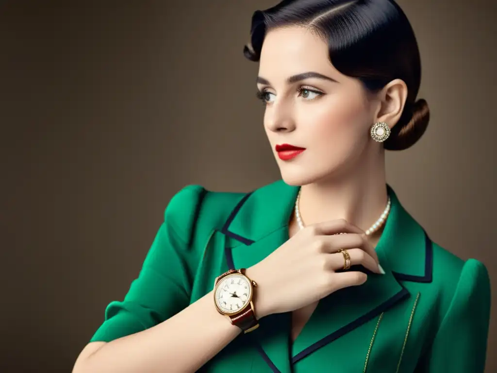 Una mujer elegante de los años 20 verifica sutilmente la hora en un reloj de pulsera vintage, mostrando la fusión de moda y funcionalidad