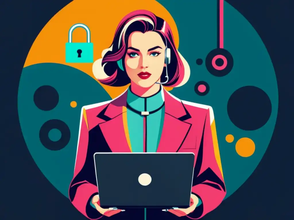 Una ilustración vintage de una mujer en un elegante atuendo de ciberseguridad, con determinación y expertise