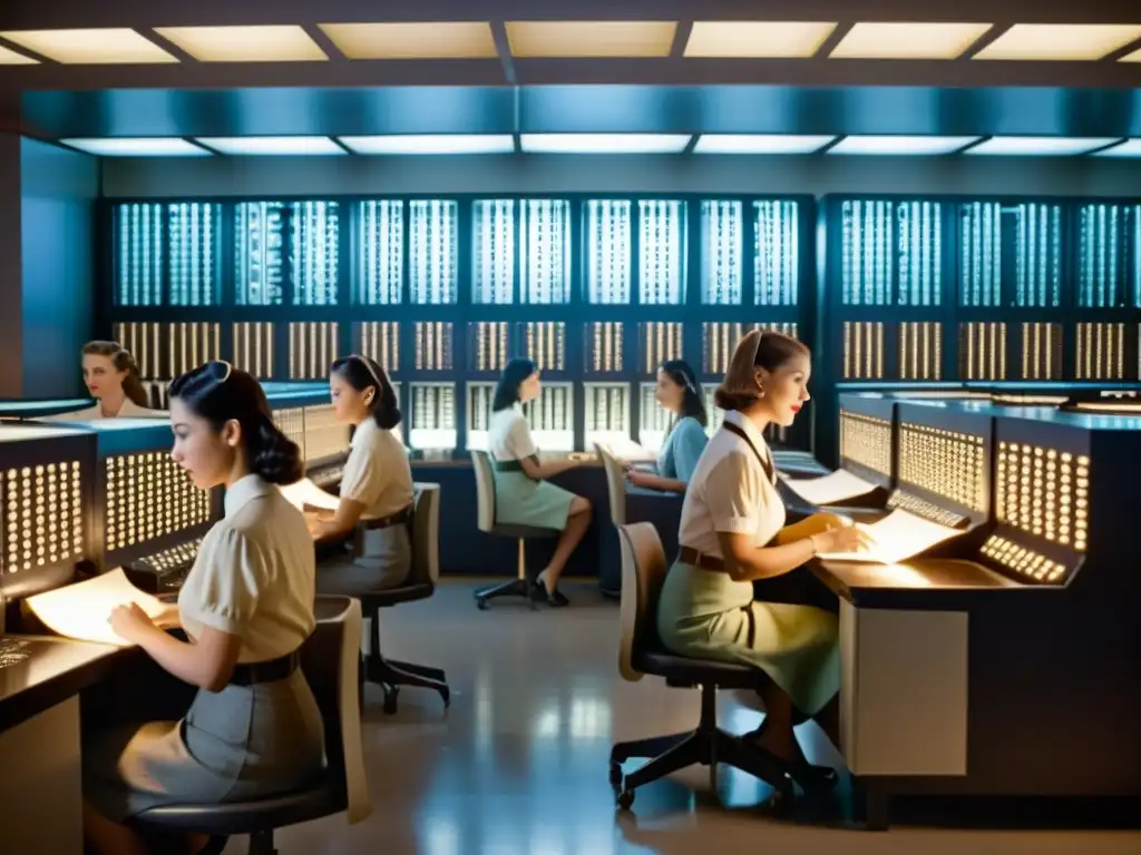 Las mujeres detrás de ENIAC: Grupo de mujeres en ropa vintage trabajando en la computadora ENIAC, rodeadas de luces y tecnología