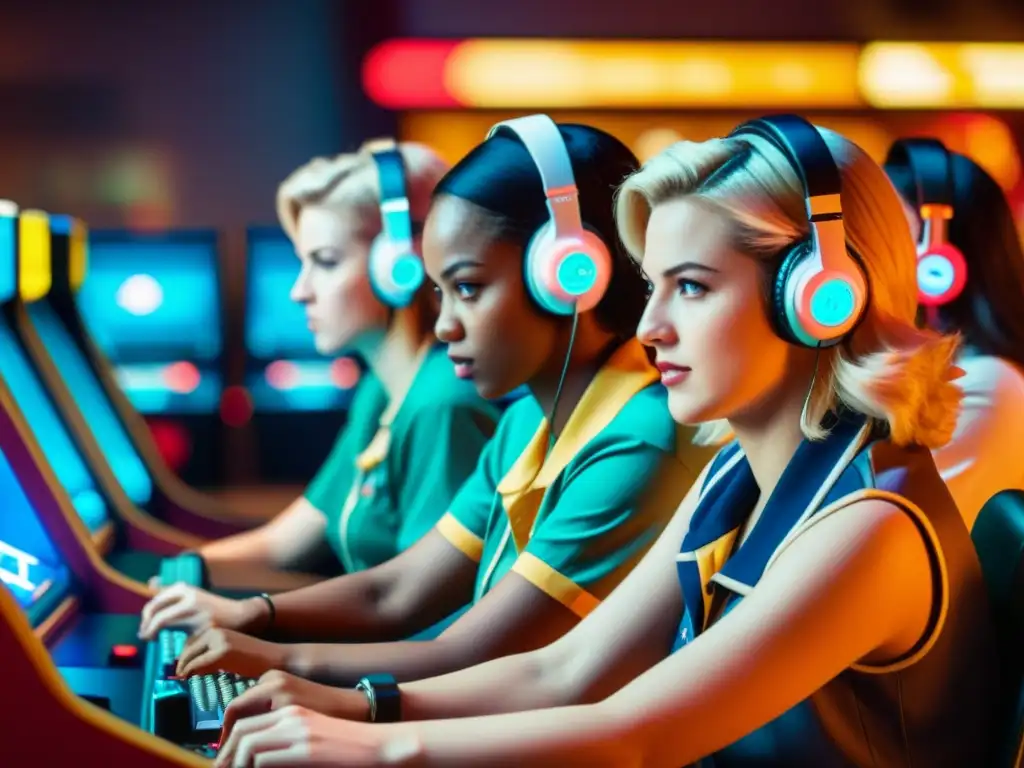 Mujeres en los Esports compitiendo en un torneo de videojuegos retro, con determinación y camaradería en una atmósfera nostálgica