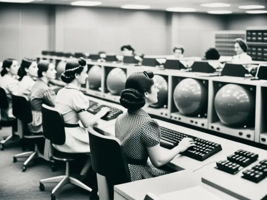 Mujeres trabajando en un laboratorio de computación, vistiendo trajes vintage y concentradas en tareas de programación