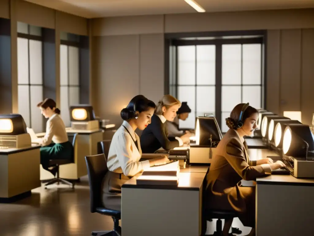 Mujeres pioneras en la evolución de la computación trabajan con determinación en una sala vintage llena de equipos antiguos y dibujos técnicos