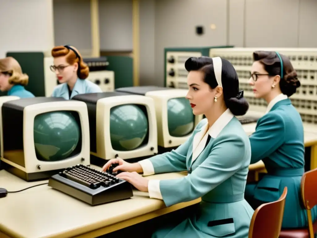 Mujeres pioneras en la historia de la computación trabajando con equipos de computación vintage en un laboratorio en los años 50, mostrando determinación e innovación