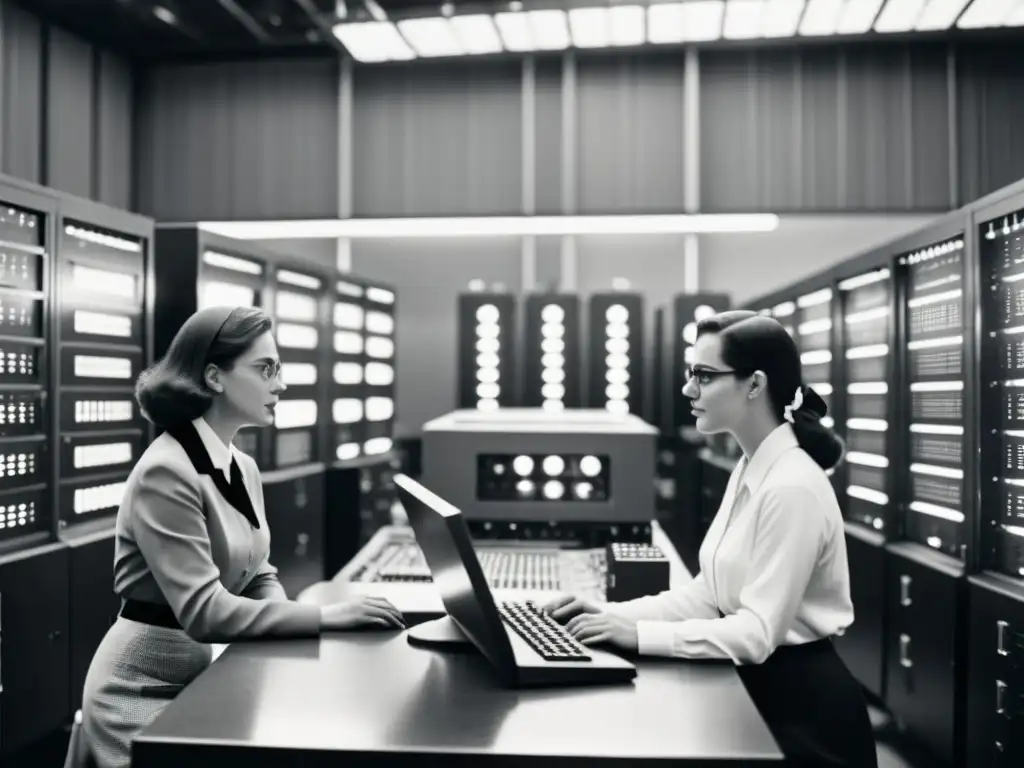 Mujeres pioneras de la inteligencia artificial trabajando en un mainframe vintage